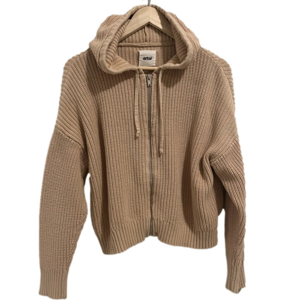 Aerie Beige Knit Full-Zip Cropped Hoodie Neutral Slouchy Tan Cozy Casual Lounge